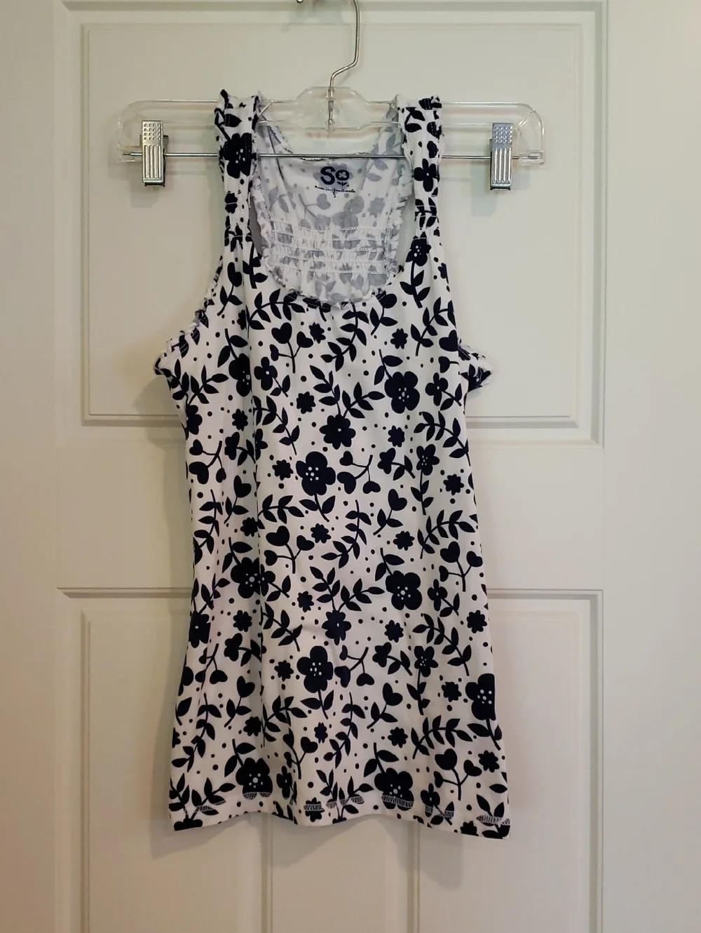Small Floral Ruffle Racer Back tank top. White with blue - Picture 2 of 10